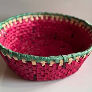 Vintage Hand-Woven Watermelon Design Coiled Palm Basket Bowl